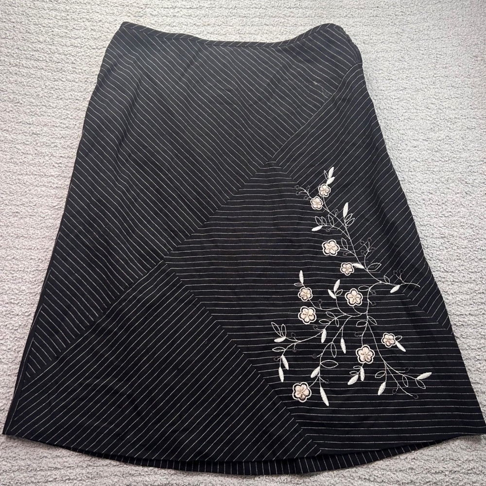 Vintage Sag Harbor Pinstripe Linen Blend Embroidered Midi Skirt Sz 10 Y2K goh